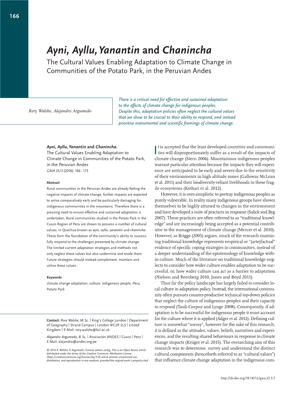 Ayni, Ayllu,Yanantin and Chanincha the Cultural Values Enabling Adaptation to Climate Change in Communities of the Potato Park, in the Peruvian Andes