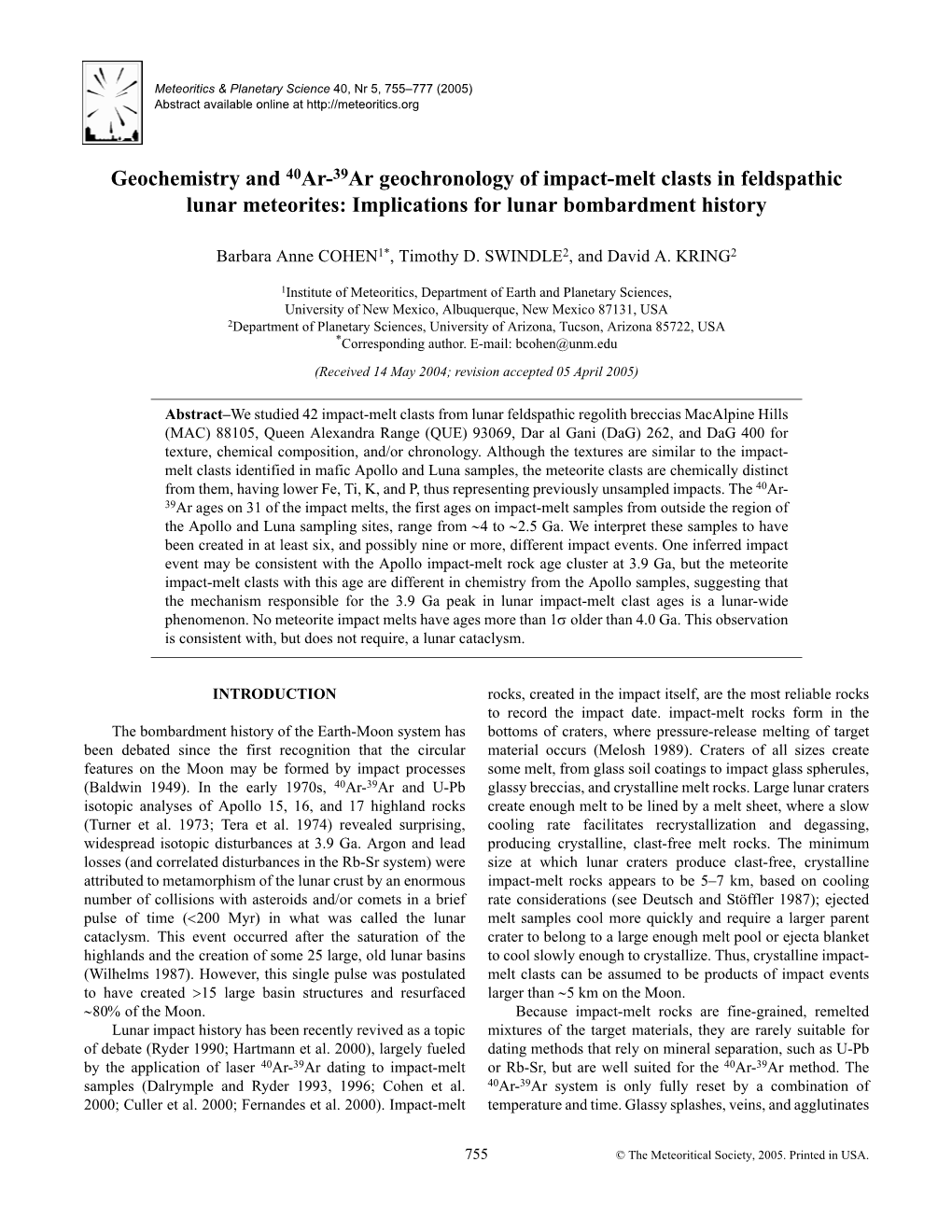 Geochemistry and 40Ar-39Ar Geochronology of Impact-Melt Clasts in Feldspathic Lunar Meteorites: Implications for Lunar Bombardment History