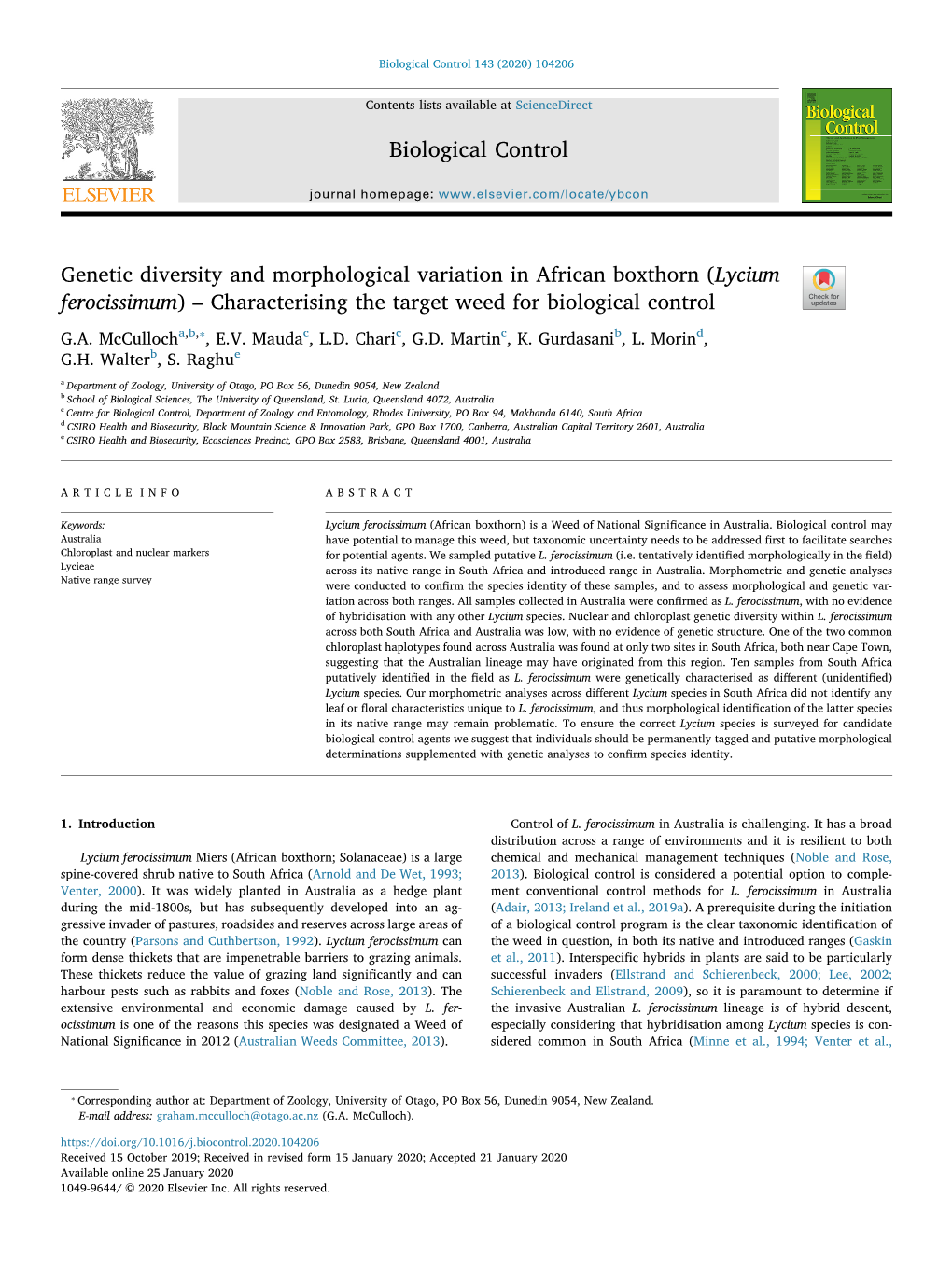 Lycium Ferocissimum) – Characterising the Target Weed for Biological Control T ⁎ G.A