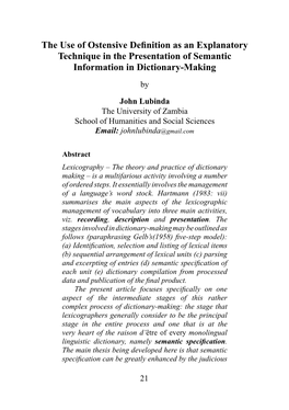 The Use of Ostensive Definition As an Explanatory Technique in the Presentation of Semantic Information in Dictionary-Making By