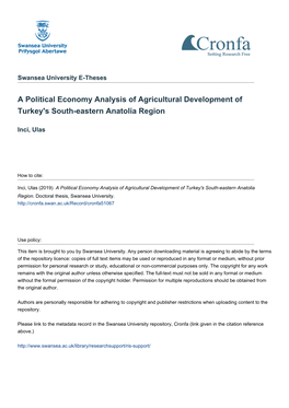 A Political Economy Analysis of Agricultural Development of Turkey's South-Eastern Anatolia Region