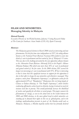 ISLAM and MINORITIES: Managing Identity in Malaysia