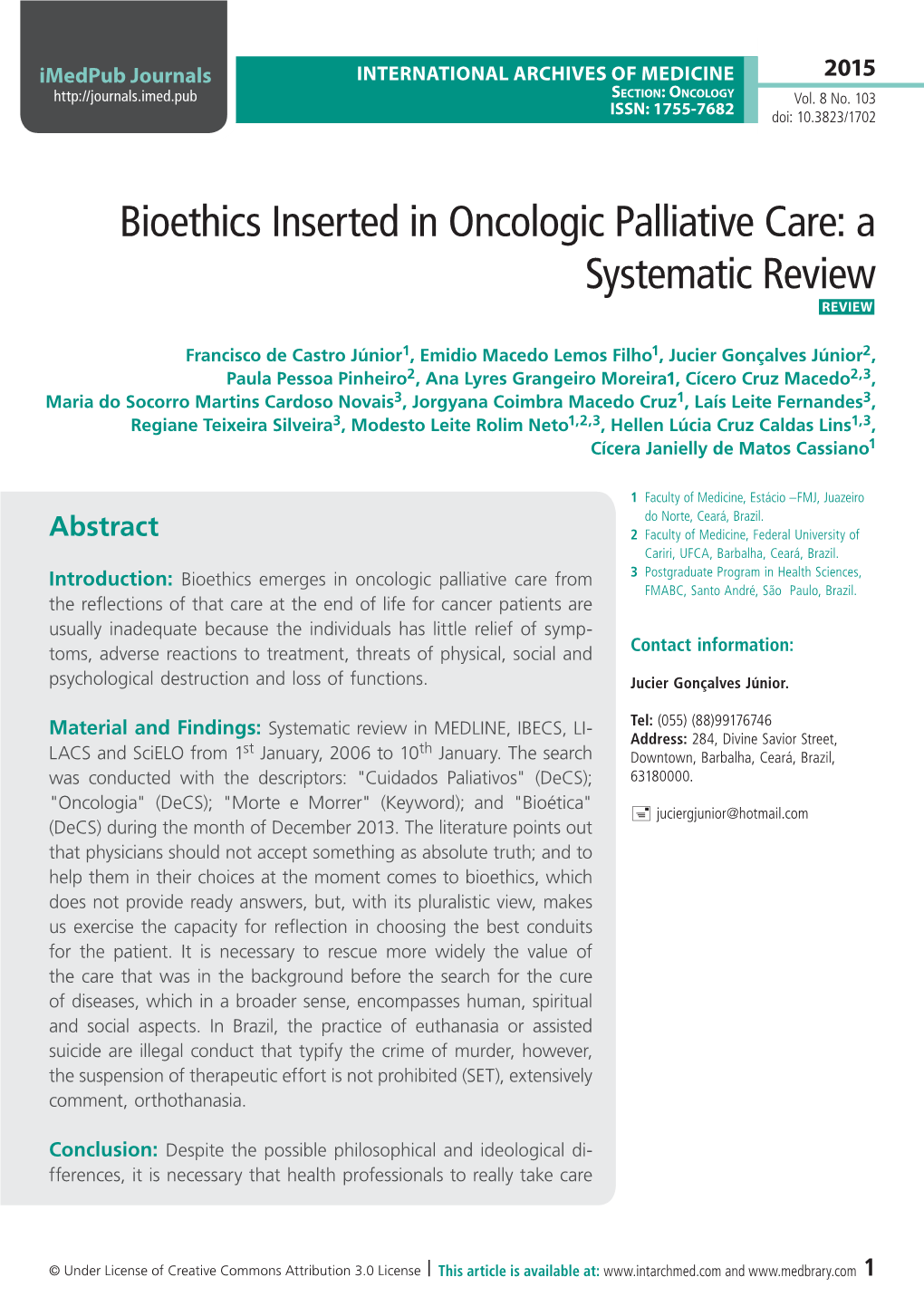 Bioethics Inserted in Oncologic Palliative Care: a Systematic Review Review