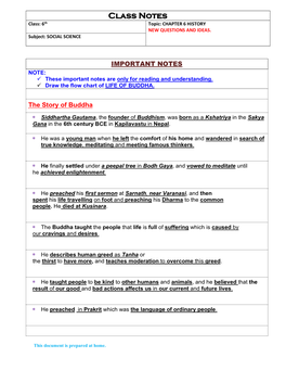 Class Notes Class: 6Th Topic: CHAPTER 6 HISTORY NEW QUESTIONS and IDEAS