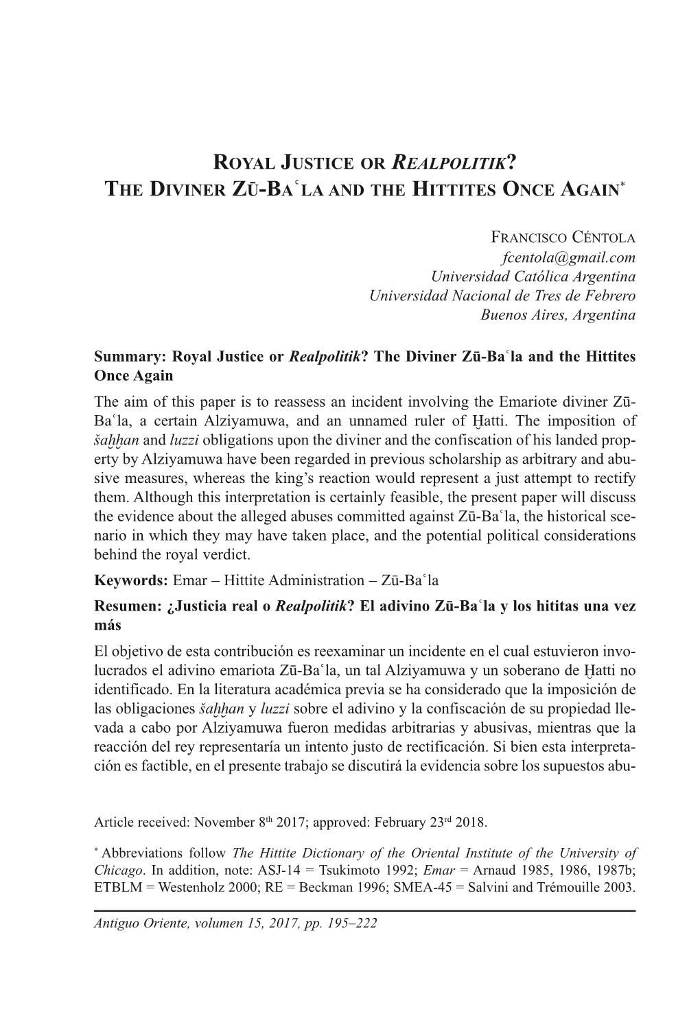 Royal Justice Or Realpolitik? the Diviner Zū-Baʿla and the Hittites Once Again*