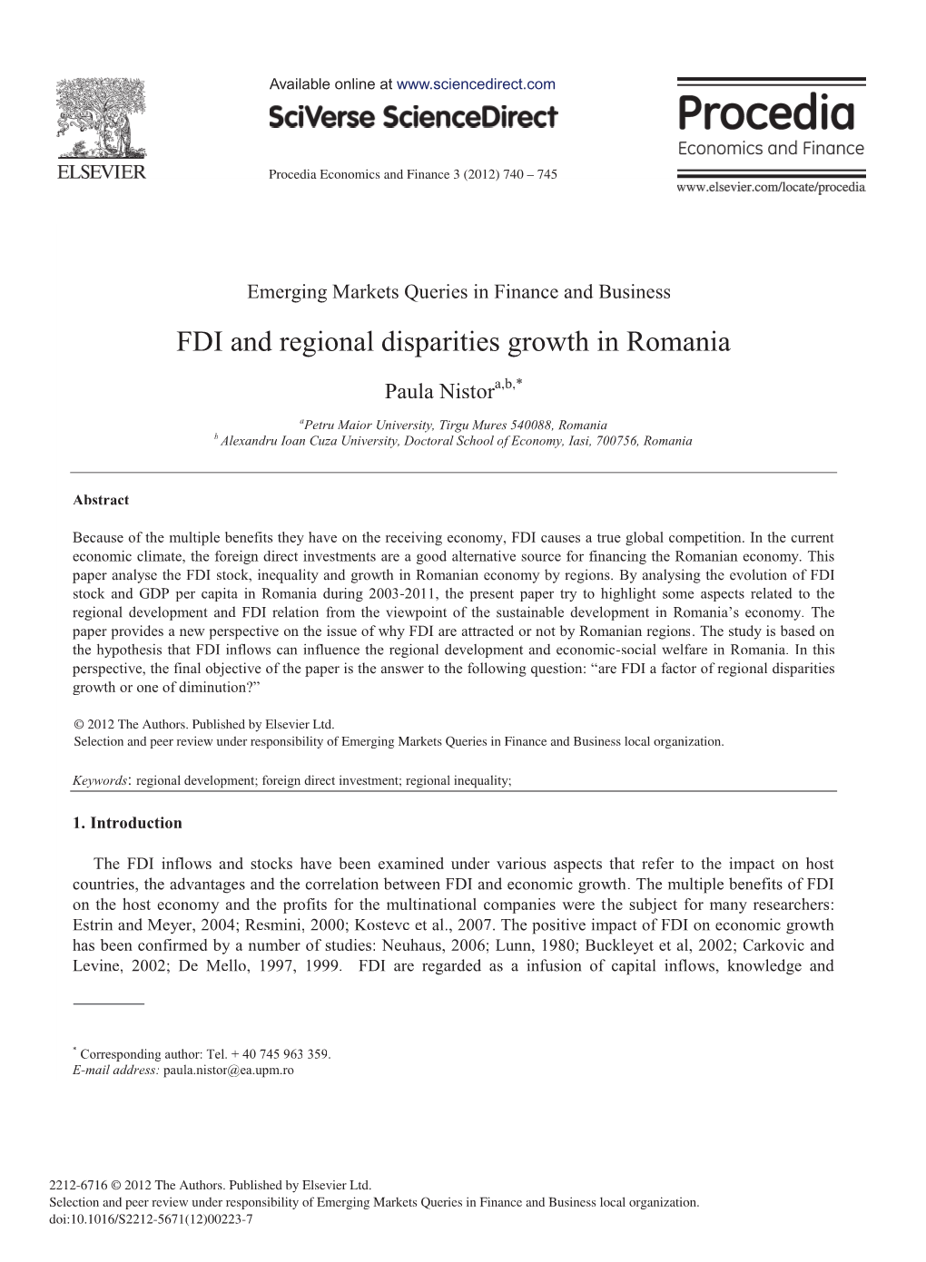 FDI and Regional Disparities Growth in Romania