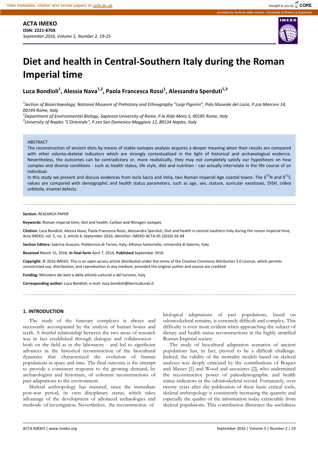 Diet and Health in Central-Southern Italy During the Roman Imperial Time