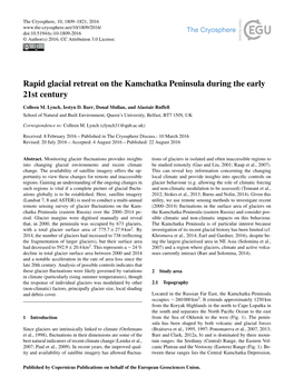 Rapid Glacial Retreat on the Kamchatka Peninsula During the Early 21St Century