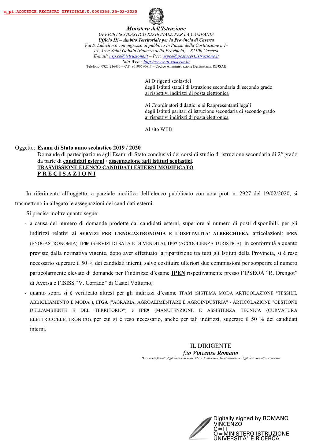 IL DIRIGENTE F.To Vincenzo Romano Documento Firmato Digitalmente Ai Sensi Del C.D