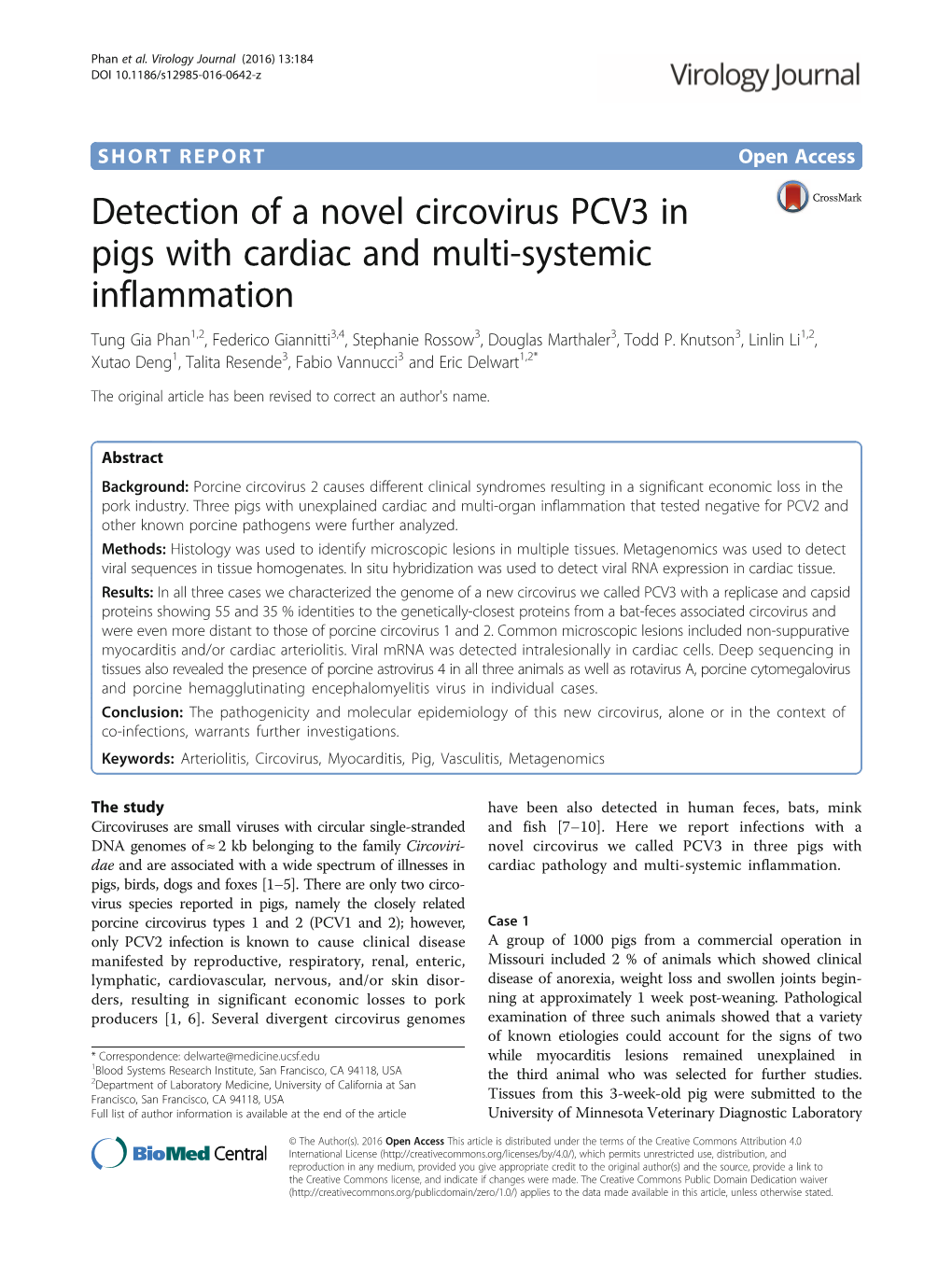 Detection of a Novel Circovirus PCV3 in Pigs with Cardiac and Multi