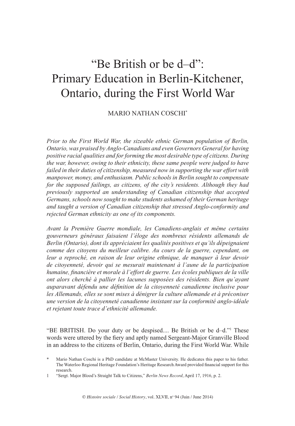 “Be British Or Be D–D”: Primary Education in Berlin-Kitchener, Ontario, During the First World War