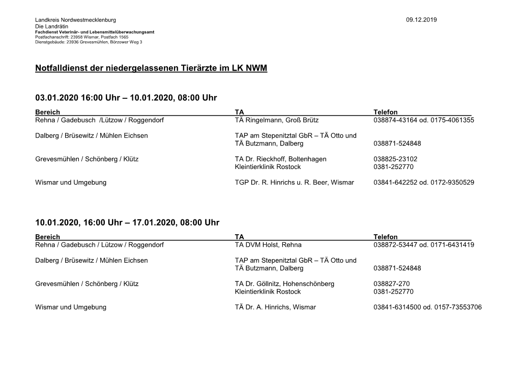 Die Landrätin Fachdienst Veterinär- Und Lebensmittelüberwachungsamt Postfachanschrift: 23958 Wismar, Postfach 1565 Dienstgebäude: 23936 Grevesmühlen, Börzower Weg 3