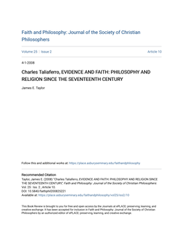Charles Taliaferro, EVIDENCE and FAITH: PHILOSOPHY and RELIGION SINCE the SEVENTEENTH CENTURY