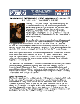 Award Winning Entertainment Legend Diahann Carroll Brings Her One Woman Show to Annenberg Theater