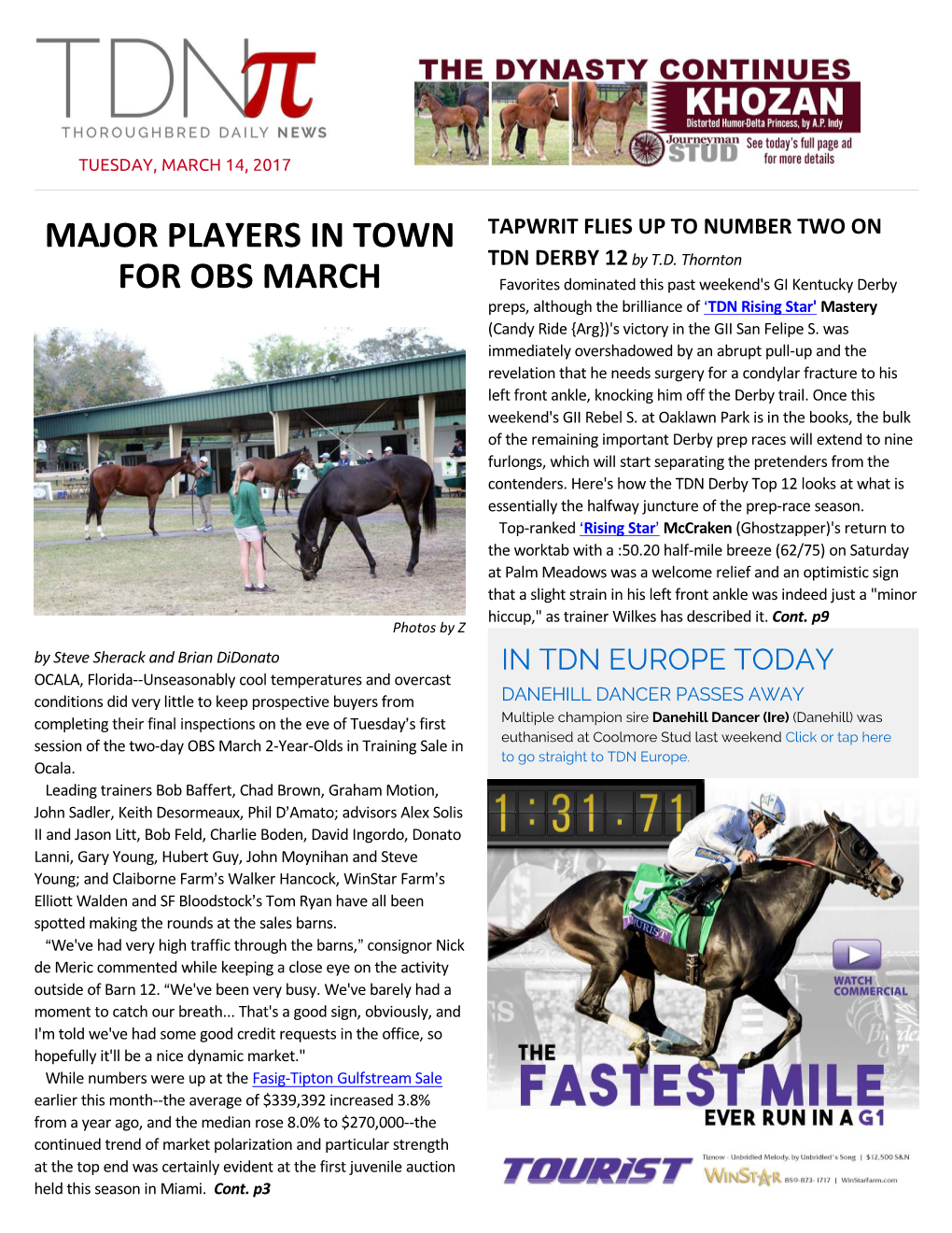 Major Players in Town for OBS March Consignor Quincy Adams of Q Bar J Thoroughbreds Added, 