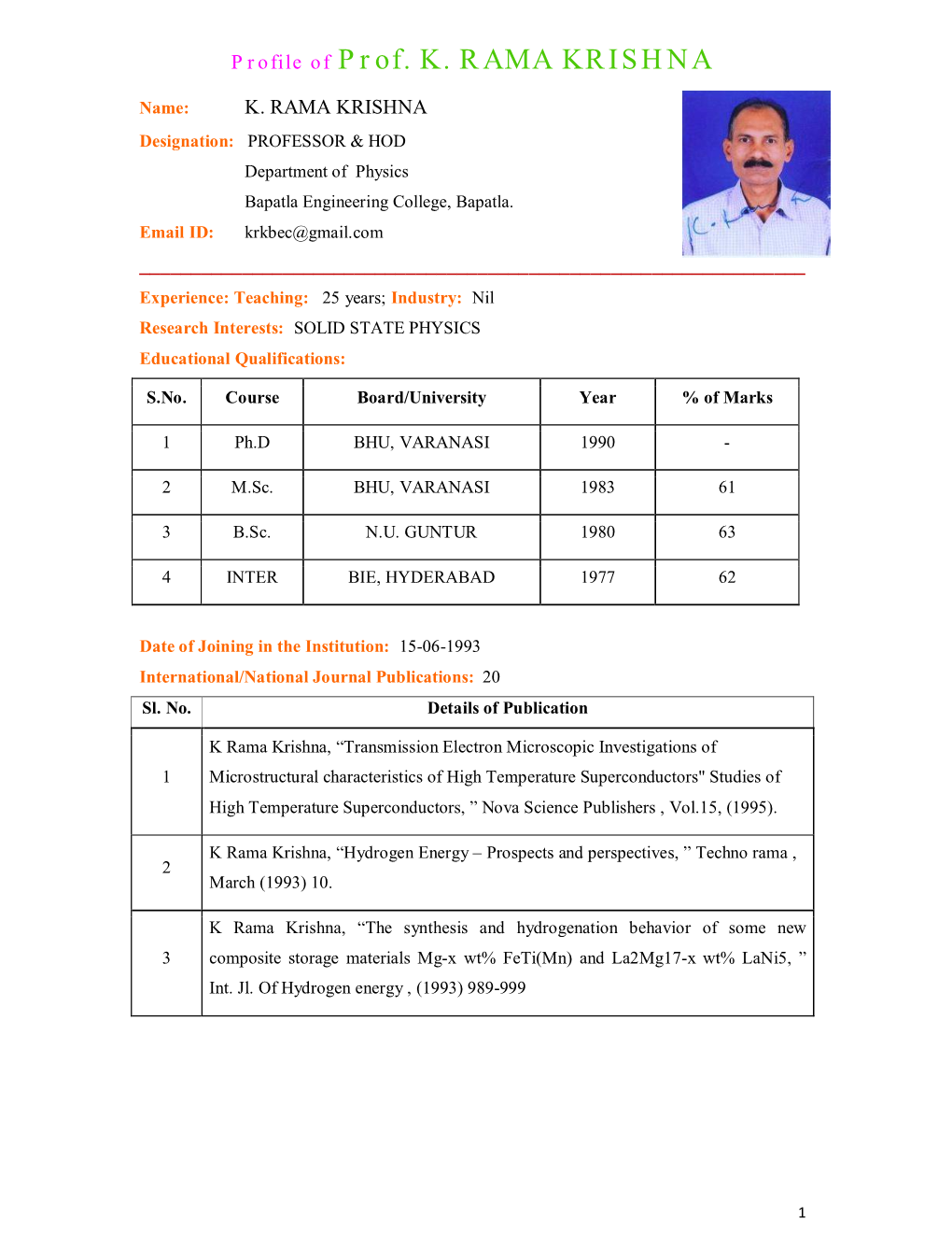 Profile of Prof. K. RAMA KRISHNA