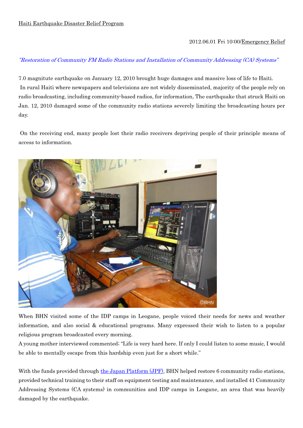 Restoration of Community FM Radio Stations and Installation of Community Addressing (CA) Systems”