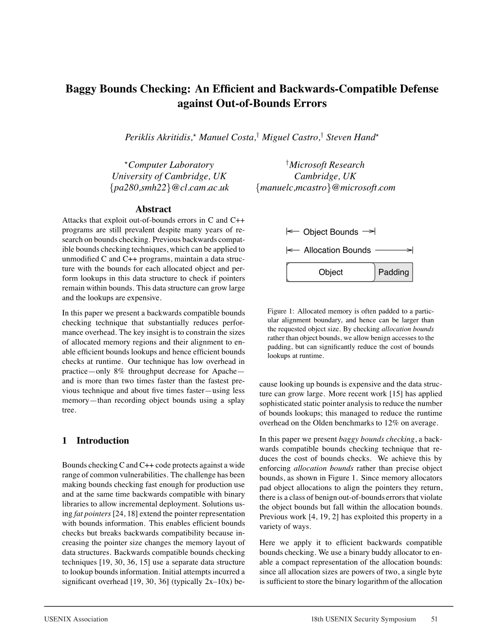 Baggy Bounds Checking: an Efficient and Backwards-Compatible Defense Against Out-Of-Bounds Errors