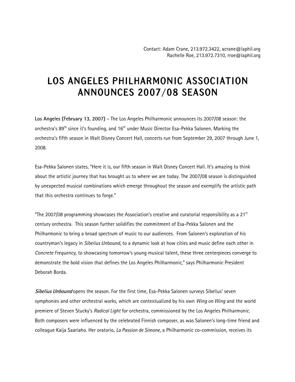 Los Angeles Philharmonic Association Announces 2007/08 Season