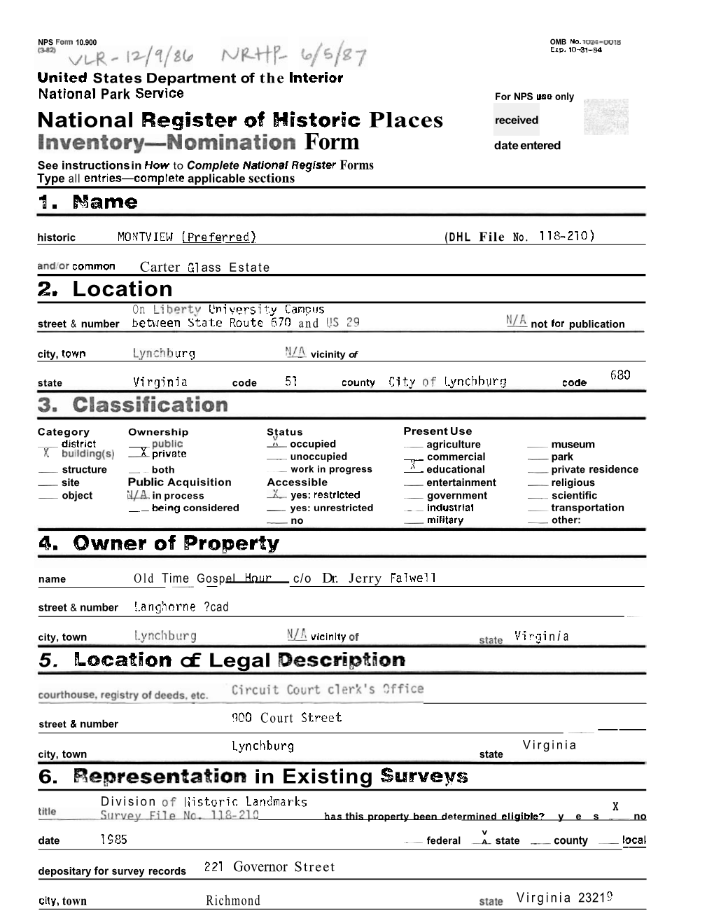 Nomination Form #1 Continuation Sheet MONTV IEW , Lynchburg, VA Item Number 7 Page 1 7