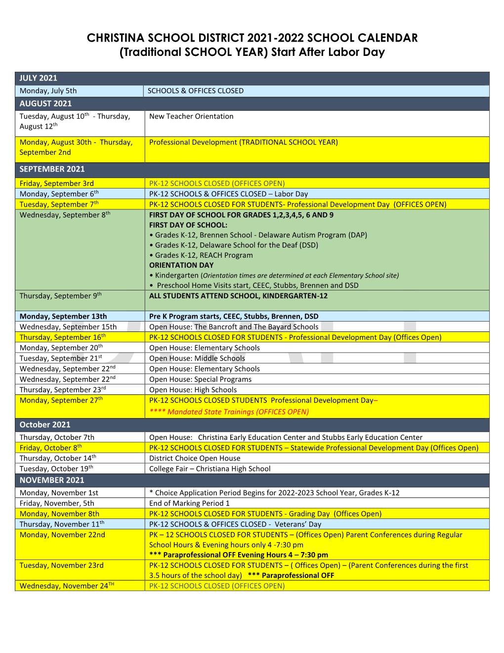 CHRISTINA SCHOOL DISTRICT 2021-2022 SCHOOL CALENDAR (Traditional SCHOOL YEAR) Start After Labor Day