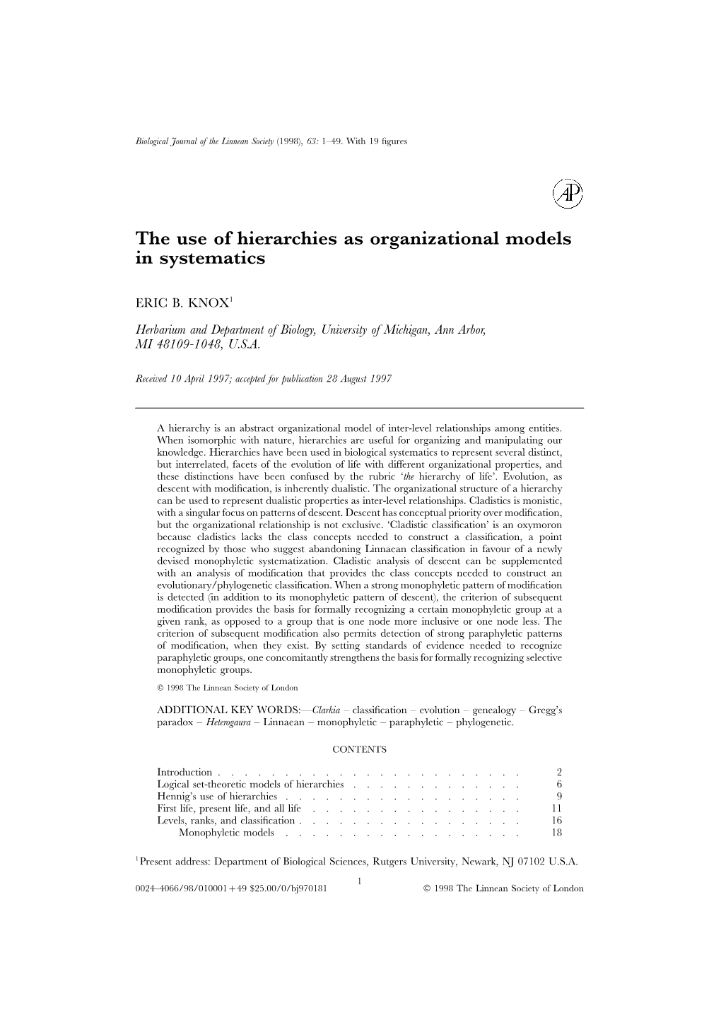 The Use of Hierarchies As Organizational Models in Systematics
