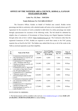 Office of the Notified Area Council, Kodala, Ganjam Invitation of Bids