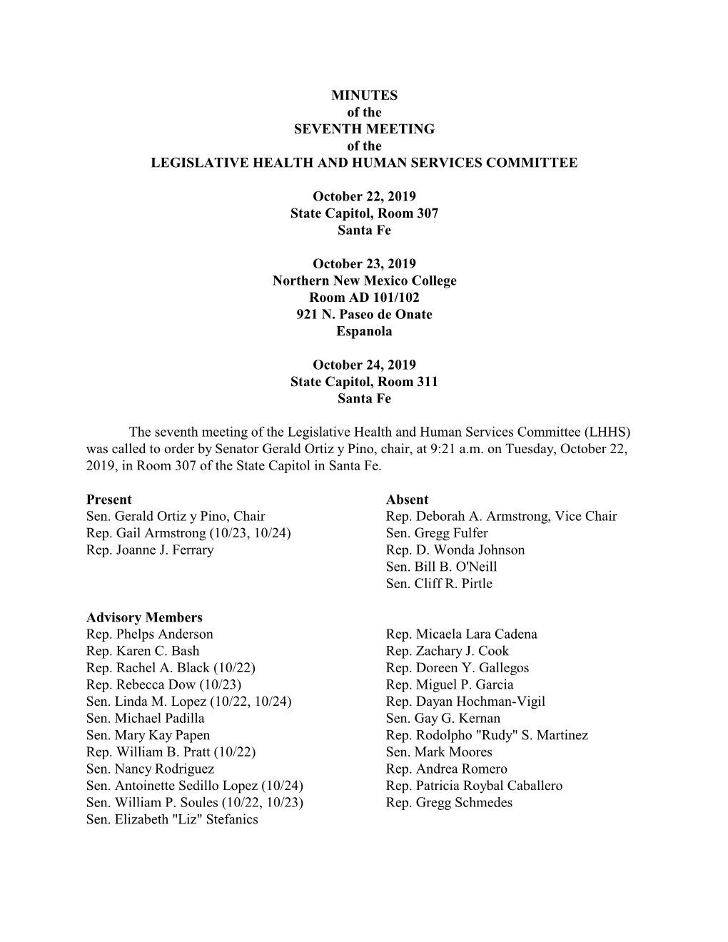 MINUTES of the SEVENTH MEETING of the LEGISLATIVE HEALTH and HUMAN SERVICES COMMITTEE October 22, 2019 State Capitol, Room 307 S