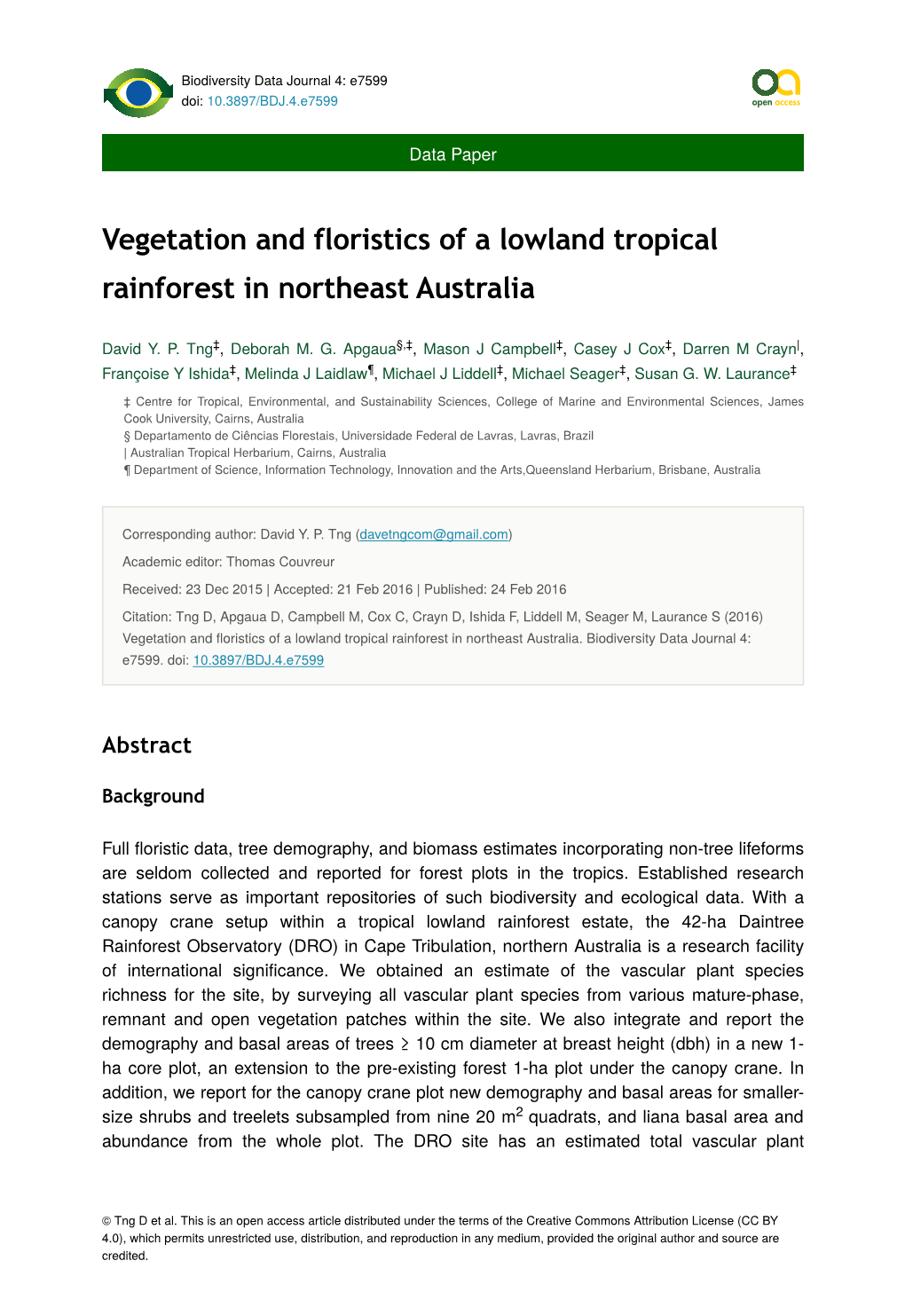 Vegetation and Floristics of a Lowland Tropical Rainforest in Northeast Australia