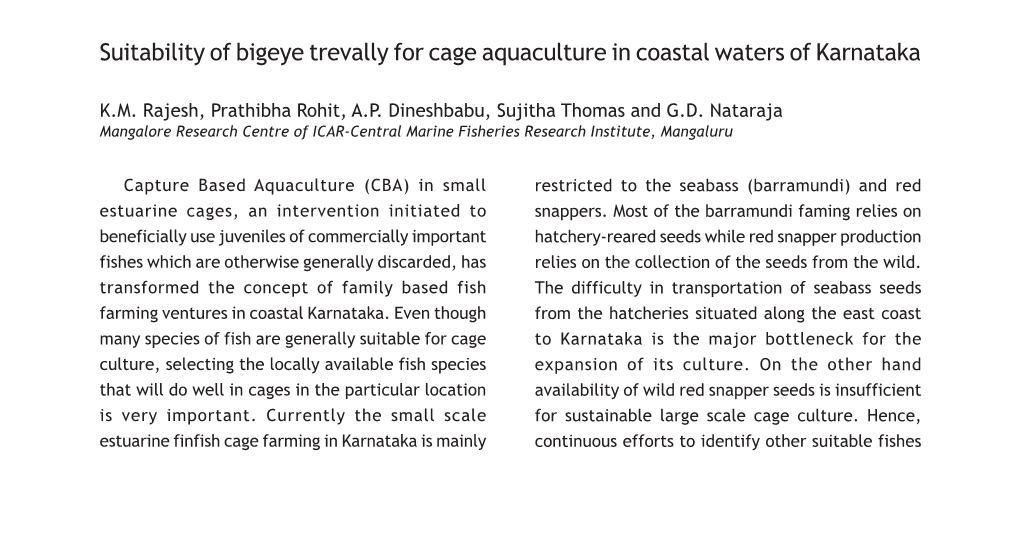 Suitability of Bigeye Trevally for Cage Aquaculture in Coastal Waters of Karnataka