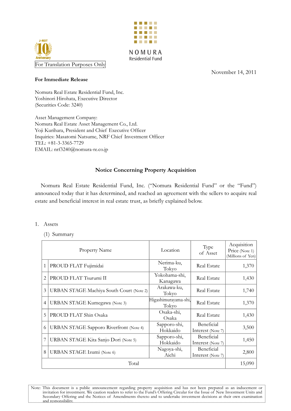 Notice Concerning Property Acquisition