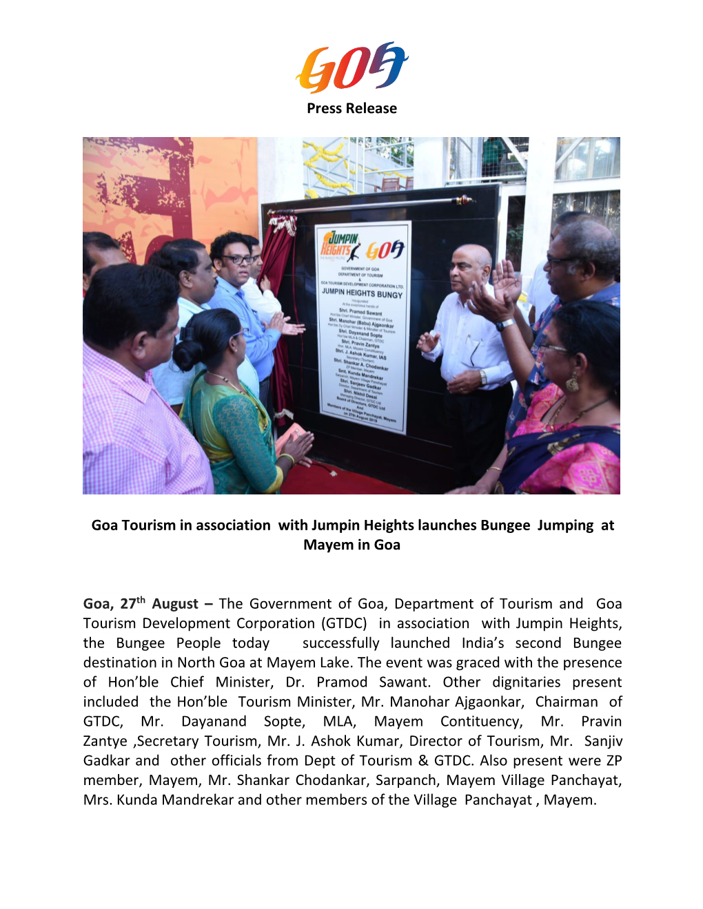Press Release Goa Tourism in Association with Jumpin Heights