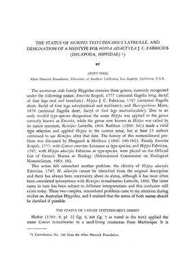 The Status of Remipes Test Udinari Us Latreille, and Designation of a Neotype for Hippa Adactyla J. C. Fabricius (Decapoda, Hippidae) 1)