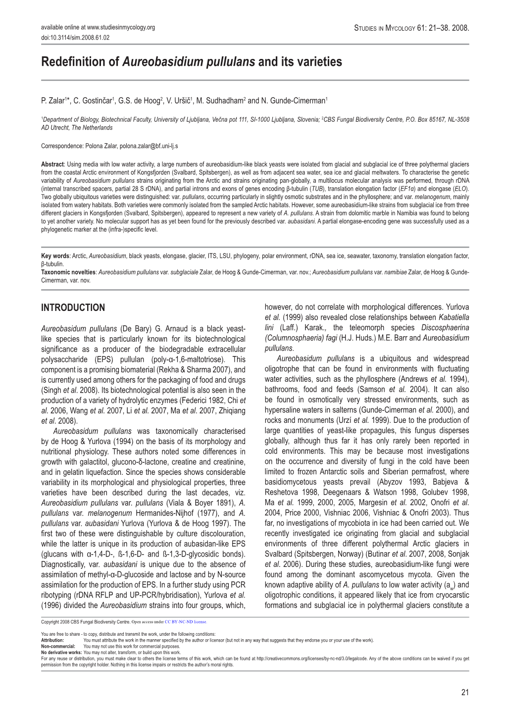 Redefinition of Aureobasidium Pullulans and Its Varieties