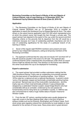 Note of Case Hearing on 12 December 2018: the Goodwood Cup by Edward Barnard & Sons (Case 20, 2018-19)