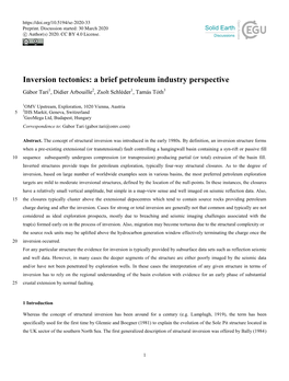 Inversion Tectonics: a Brief Petroleum Industry Perspective Gábor Tari1, Didier Arbouille2, Zsolt Schléder1, Tamás Tóth3