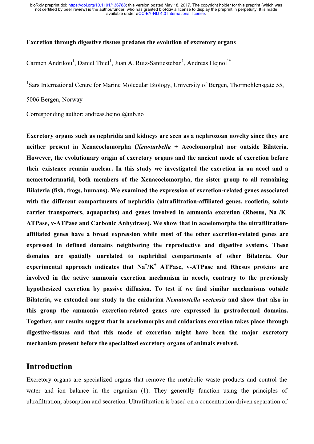 Excretion Through Digestive Tissues Predates the Evolution of Excretory Organs