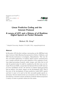 Linear Predictive Coding and the Internet Protocol a Survey of LPC and a History of of Realtime Digital Speech on Packet Networks