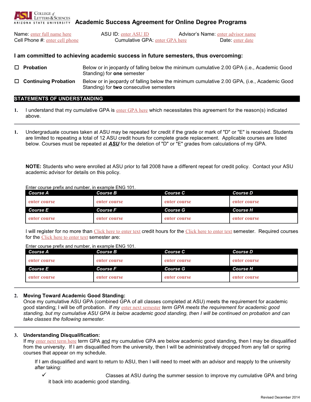 Academic Advising Appointment Worksheet