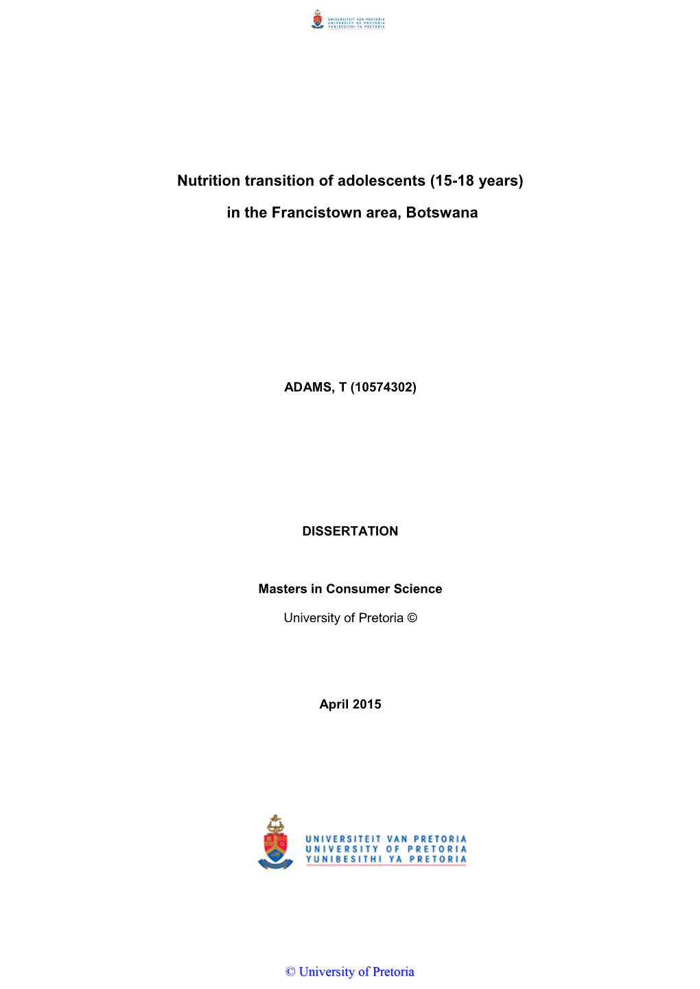 Nutrition Transition of Adolescents (15-18 Years) in the Francistown Area, Botswana