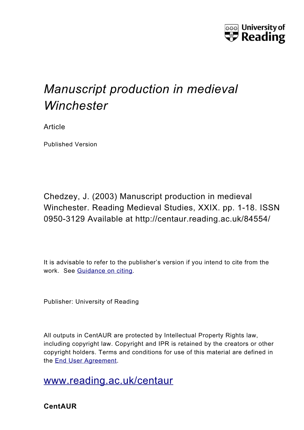 Manuscript Production in Medieval Winchester