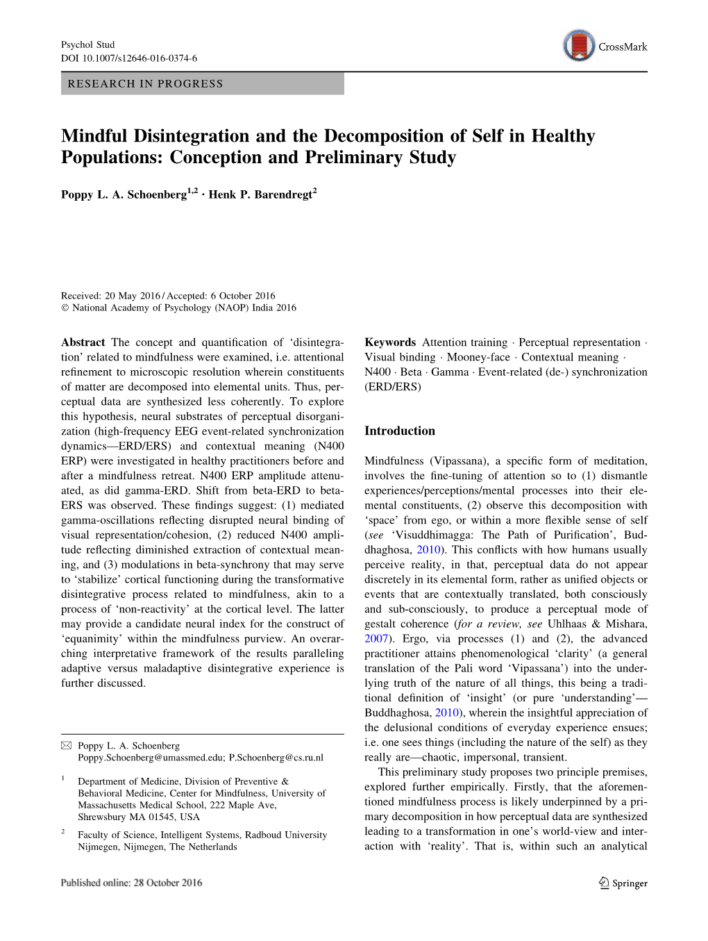 Mindful Disintegration and the Decomposition of Self in Healthy Populations: Conception and Preliminary Study