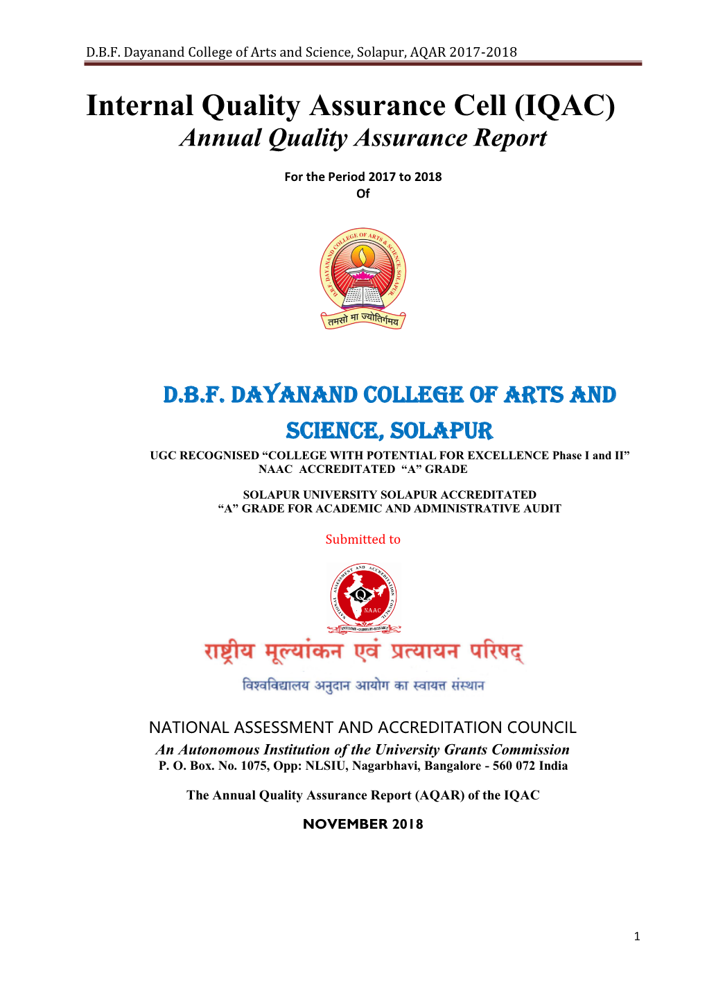 D.B.F. Dayanand College of Arts and Science, Solapur, AQAR 2017-2018