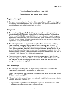 1 Item No 10 Yorkshire Dales Access Forum – May 2021 Public Rights Of