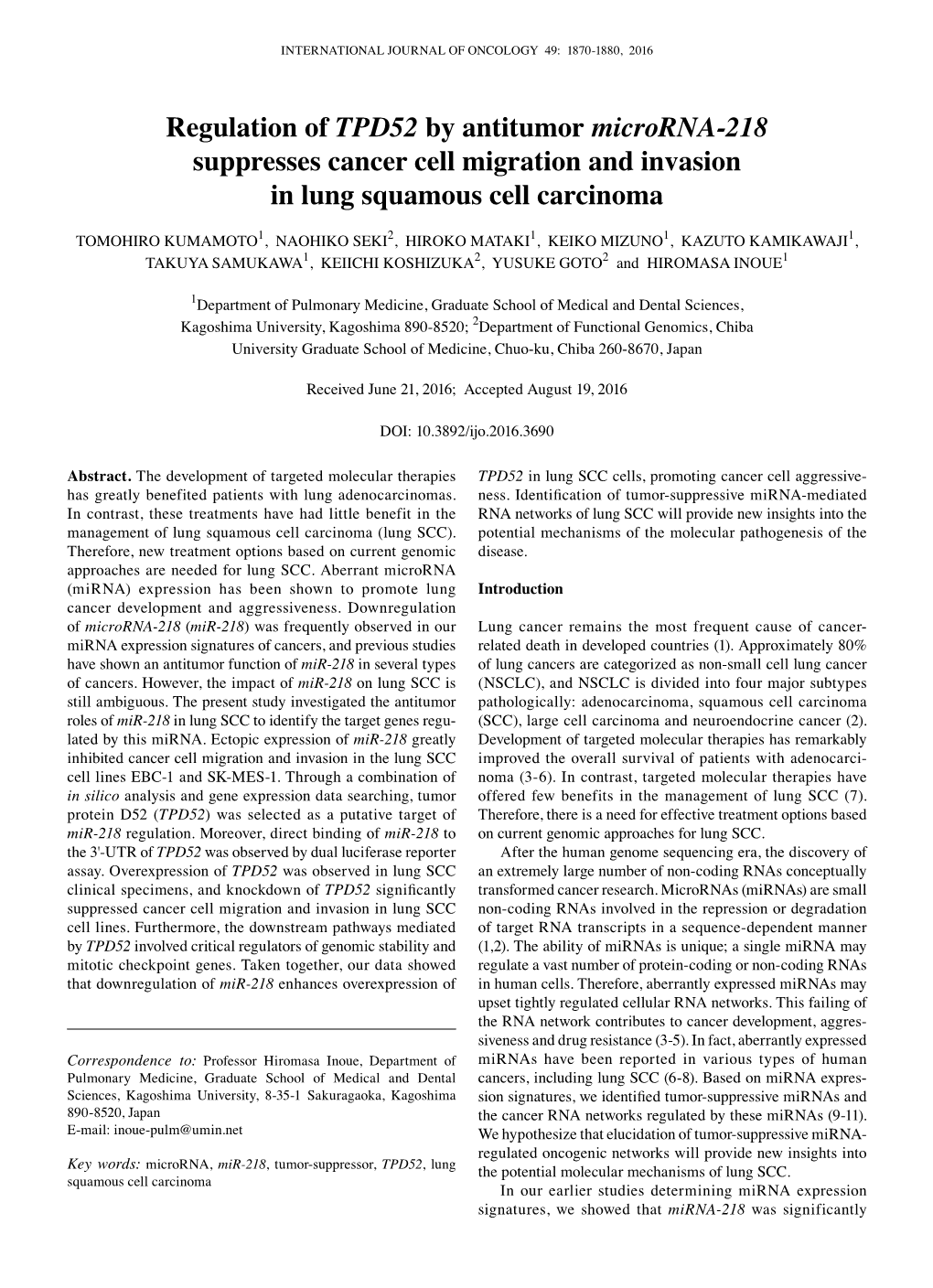 Regulation of TPD52 by Antitumor Microrna-218 Suppresses Cancer Cell Migration and Invasion in Lung Squamous Cell Carcinoma