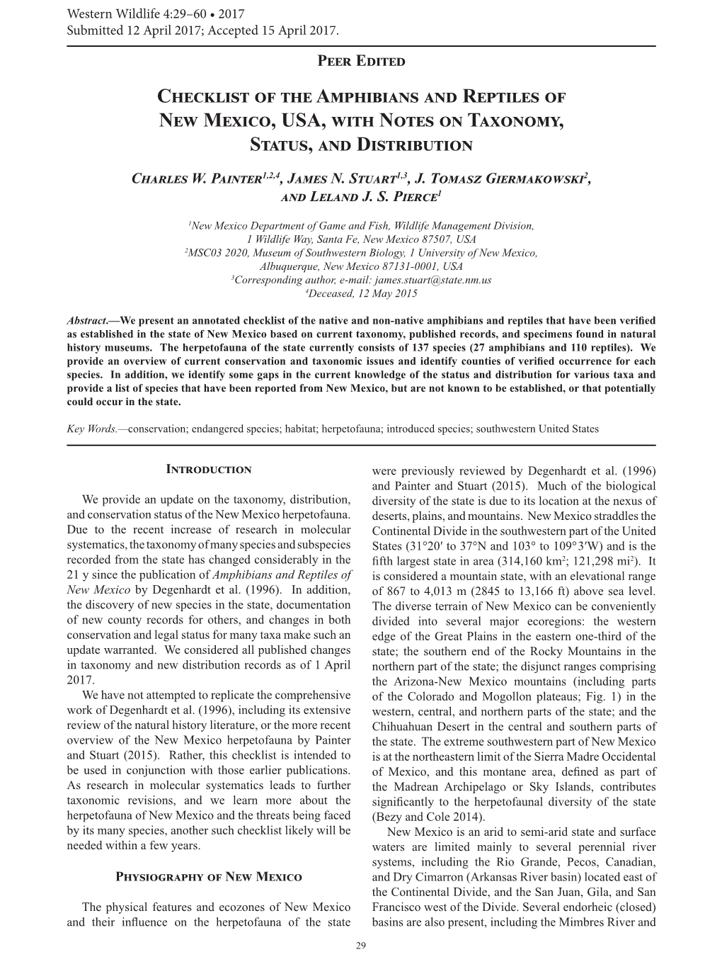 Checklist of the Amphibians and Reptiles of New Mexico, USA, with Notes on Taxonomy, Status, and Distribution