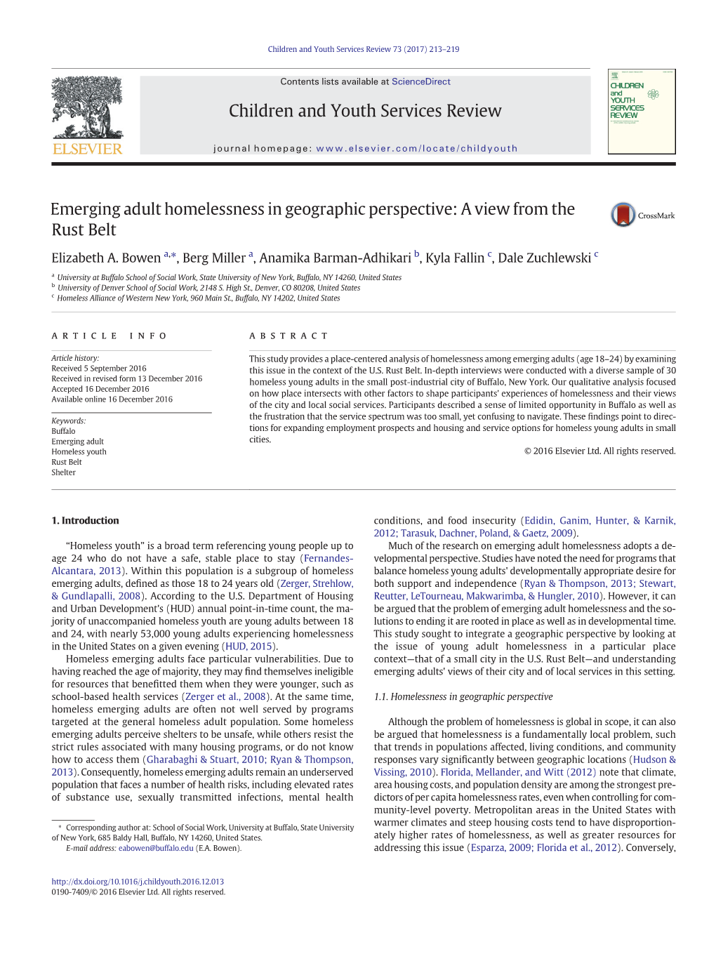 Emerging Adult Homelessness in Geographic Perspective: a View from the Rust Belt