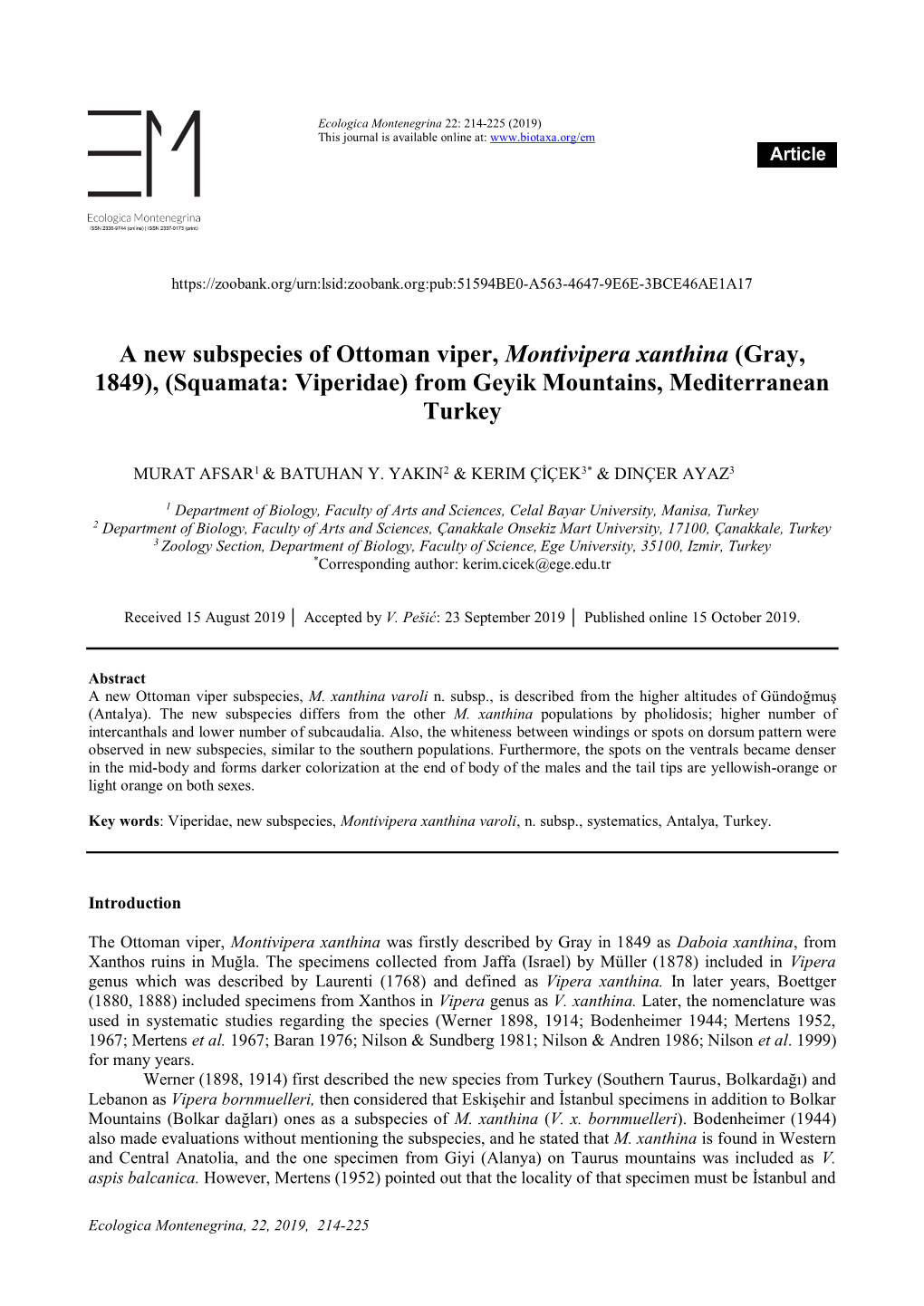 A New Subspecies of Ottoman Viper, Montivipera Xanthina (Gray, 1849), (Squamata: Viperidae) from Geyik Mountains, Mediterranean Turkey