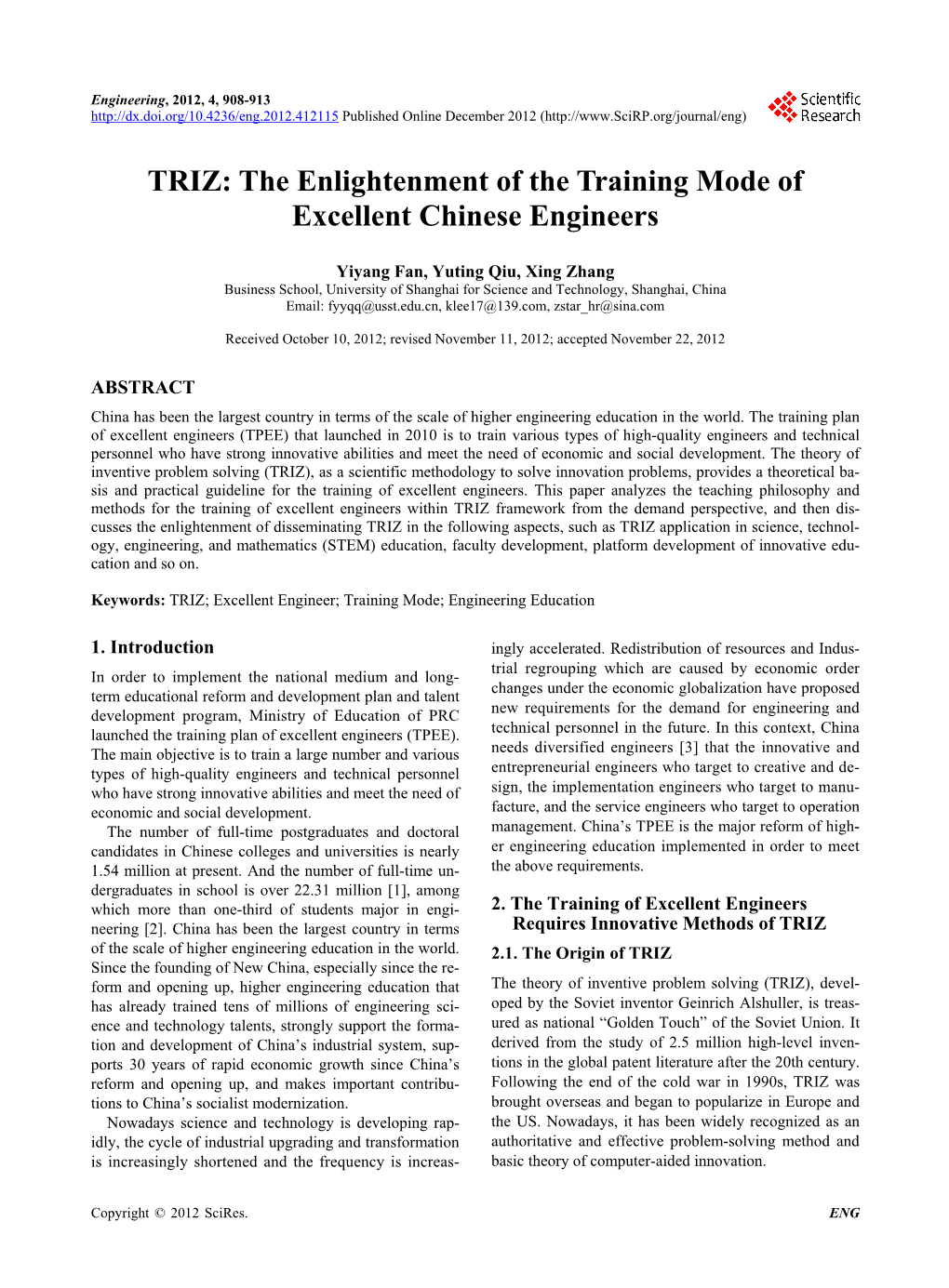 TRIZ: the Enlightenment of the Training Mode of Excellent Chinese Engineers