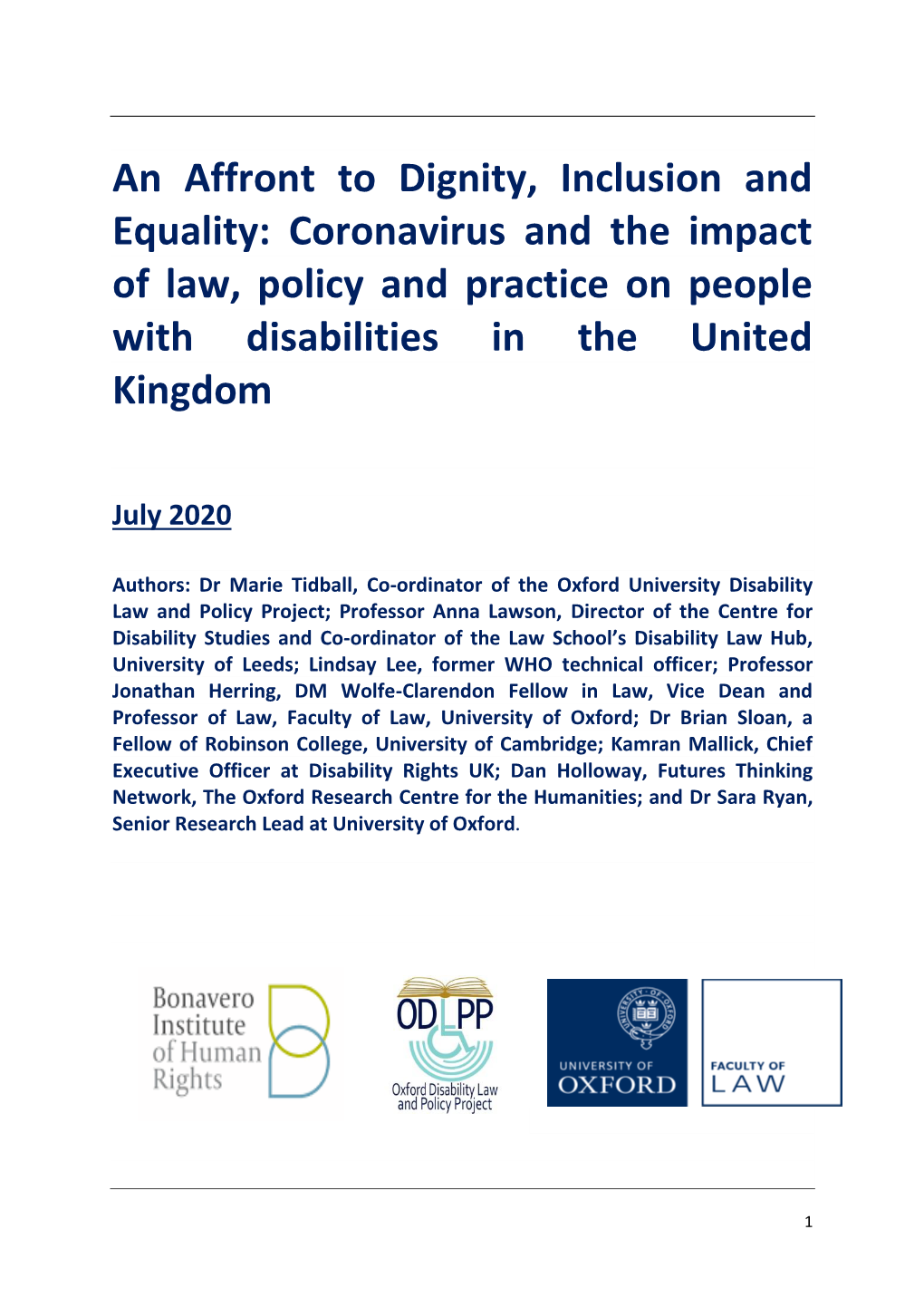 An Affront to Dignity, Inclusion and Equality: Coronavirus and the Impact of Law, Policy and Practice on People with Disabilities in the United Kingdom